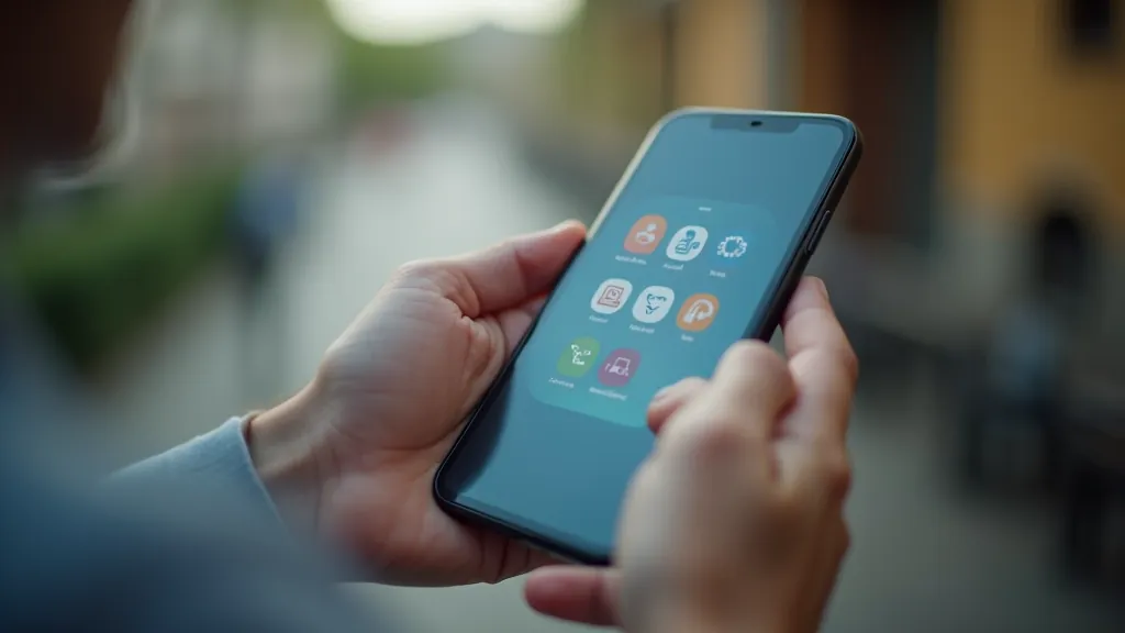 Aplikační obchod na telefonu s ikonami aplikací, výběr programů, instalace