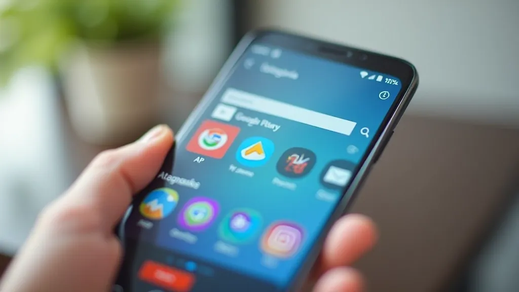 Blízký záběr na smartphone displej s Google Play obchodem zobrazeným, různé kategorie aplikací viditelné, přirozené osvětlení