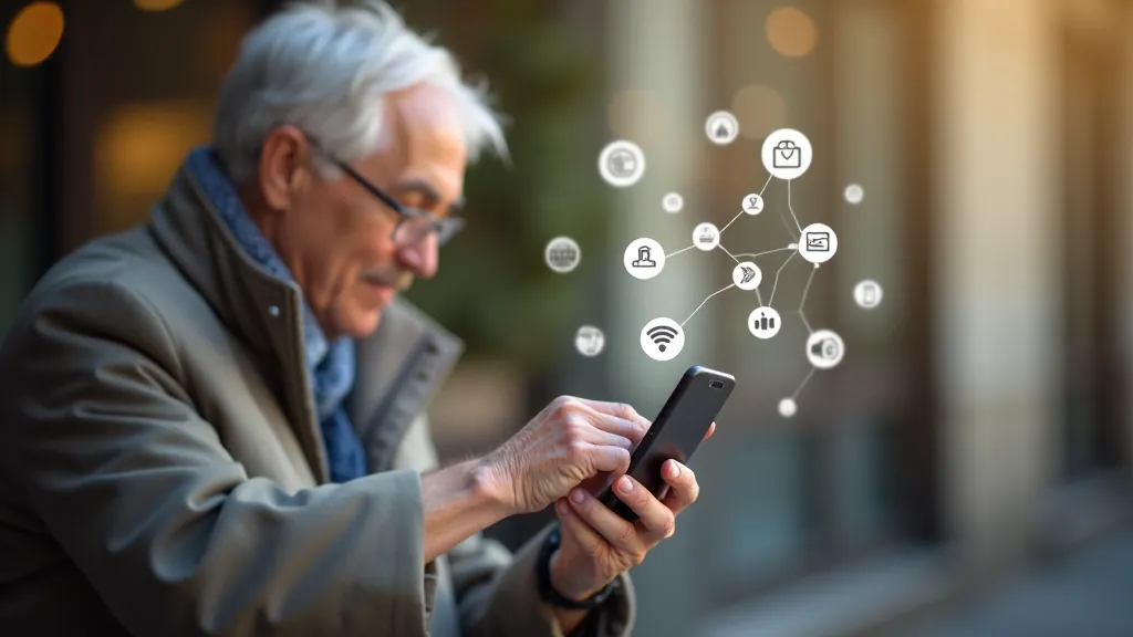 Ruka starší osoby se dotýká obrazovky mobilního telefonu s ikonami aplikací