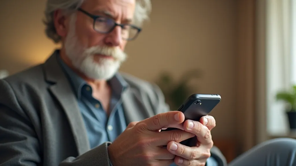 Senior čtení textu na mobilu s zvětšeným písmem