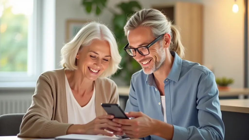 Seniorka se školitelkou si prohlíží obsah na chytrém telefonu v jasné místnosti