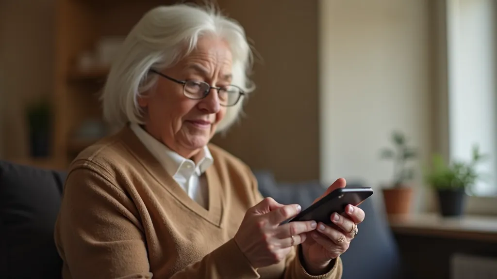Starší osoba se usmívá na obrazovku chytrého telefonu během videhovoru s rodinou