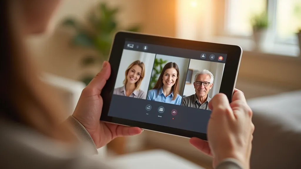 Ilustrace tří členů rodiny na obrazovkách chytrého telefonu během skupinového videovýzvy